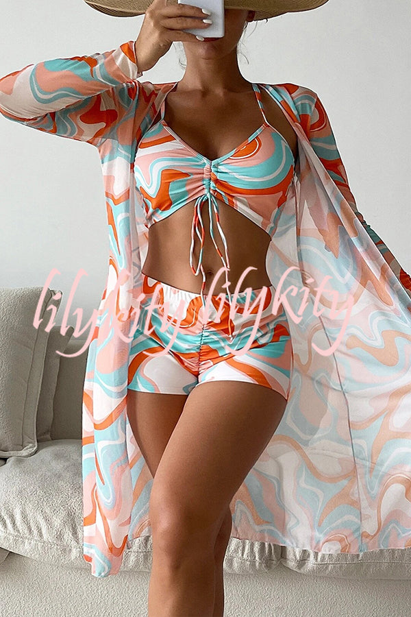 Unique Printed Paneled Lace Up Pleated Three Pieces Swimsuit Set