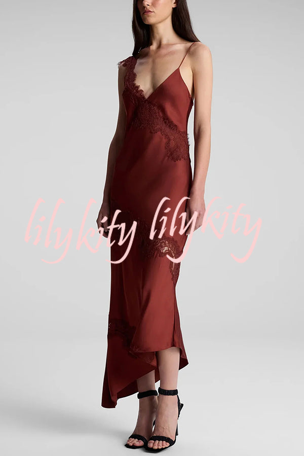 Sexy Lace Stitching Suspender V-neck Asymmetrical Maxi Dress