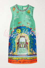 Natural Beauty Satin Unique Print Sleeveless H-line Mini Dress