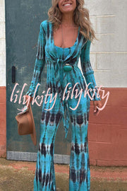 Exclusive Style Tie-dye Print Backless Tie-up Stretch Flared Jumpsuit