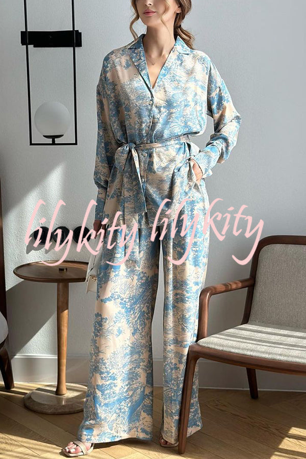 Unique Print Long-sleeved Tie Shirt and Elastic High-waist Wide-leg Pants Set