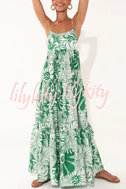 Botanical Floral Print Sexy Sling Backless Maxi Dress