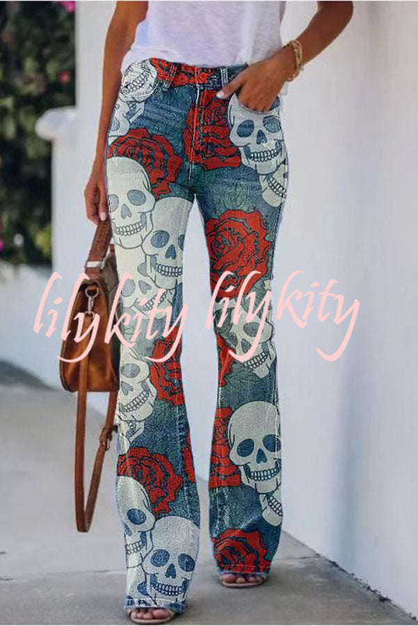 On A Drive Printed Faux Denim High Rise Flare Pants