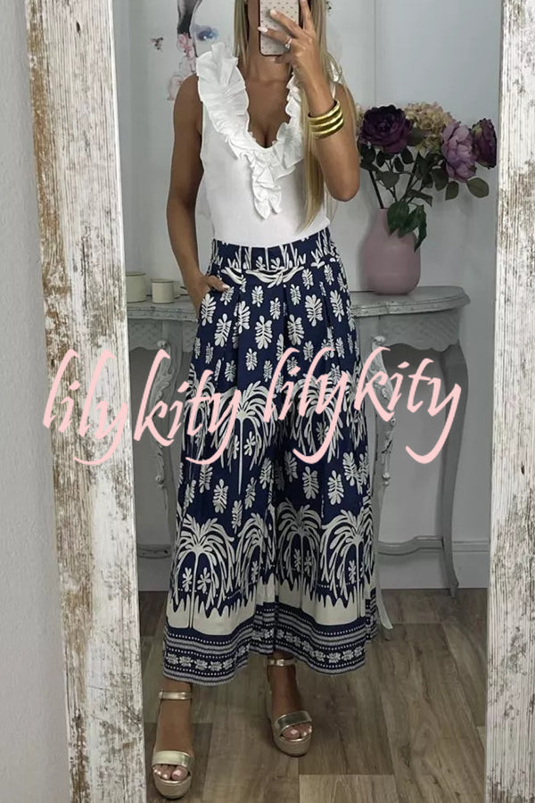 Unique Print Elastic Waist Loose Pocket Holiday Wide Leg Pants