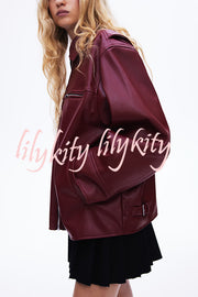 Fashion Lapel Long Sleeve Pocket Zipper Leather Jacket