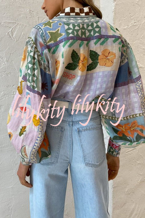 Fun and Nostalgic Unique Print Balloon Sleeve Button Loose Shirt