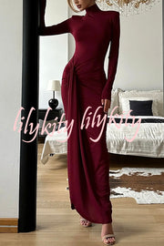 Luxe Silhouette High Neck Shoulder Pads Drape Stretch Maxi Dress