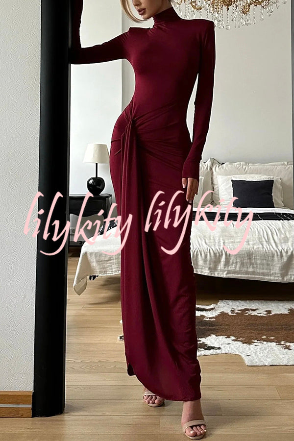 Luxe Silhouette High Neck Shoulder Pads Drape Stretch Maxi Dress