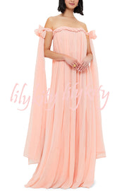 Fairy Spirit Tulle Braided Neckline Tie Arm Straps Pleated Maxi Dress