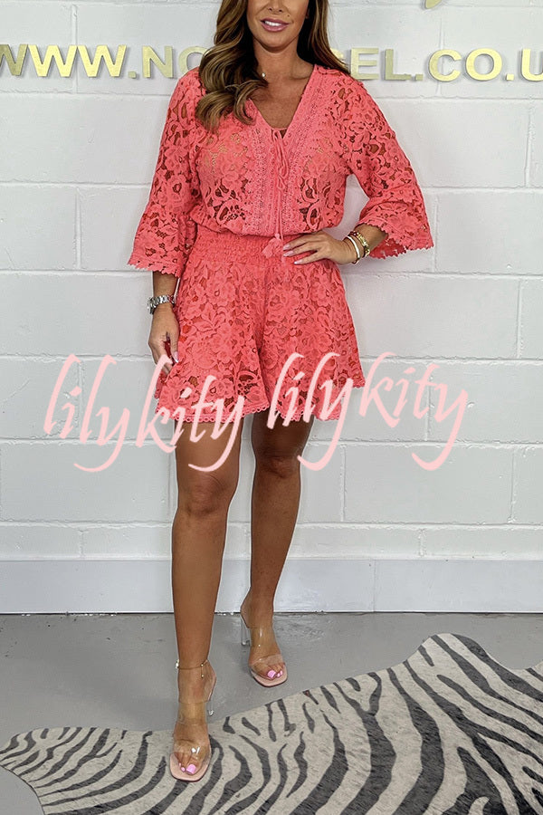 Emilee Lace Tie Neck Bell Sleeve Top and Elastic Waist Loose Shorts Set