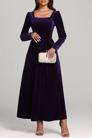 Solid Color Velvet Square Neck Long Sleeve Elegant Maxi Dress