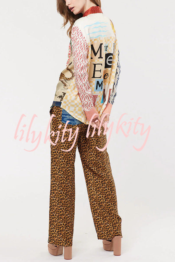 Tropical Jungle Tiger Unique Print Long Sleeve Loose Shirt and Elastic Waist Pants Set