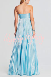 Metallic Sexy Tube Top Pleated High Slit Maxi Dress