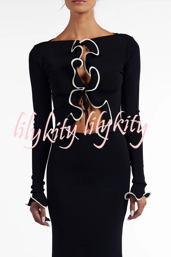 Fashion Ruffled Long-sleeved Tie-cropped Knitted Cardigan