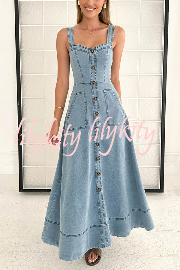 Solid Color Suspender Pocket Button Slim Denim Midi Dress