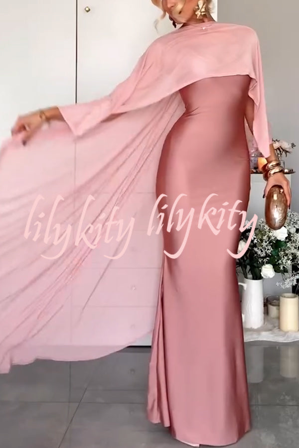 Party Charm Satin Sheer Chiffon High Low Cape Slip Maxi Dress