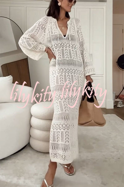 Hollie Knit Unique Pattern Tie-up Long Sleeve Cover-Up Midi Dress