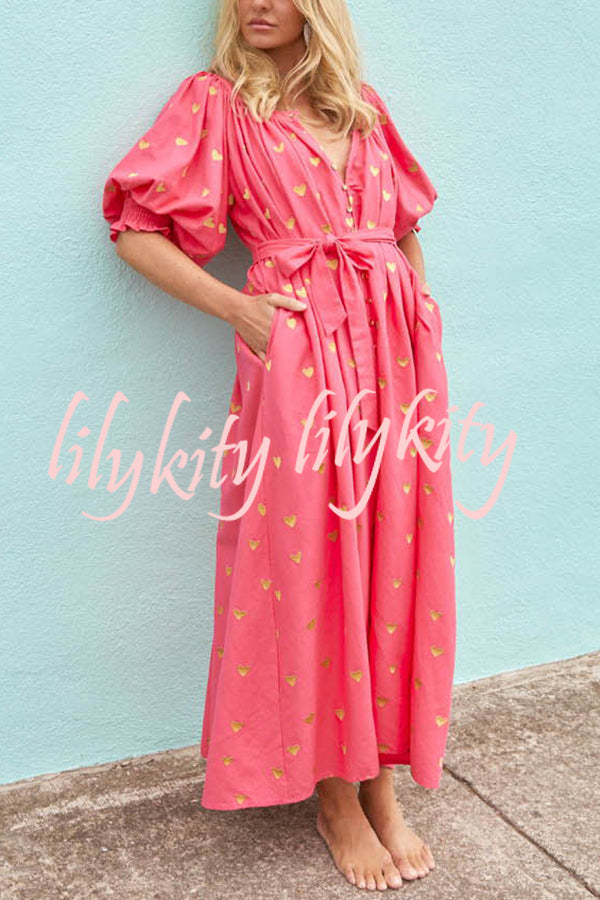 Valentine's Day Gold Heart Print Puff Sleeve Button Pocketed Loose Maxi Dress