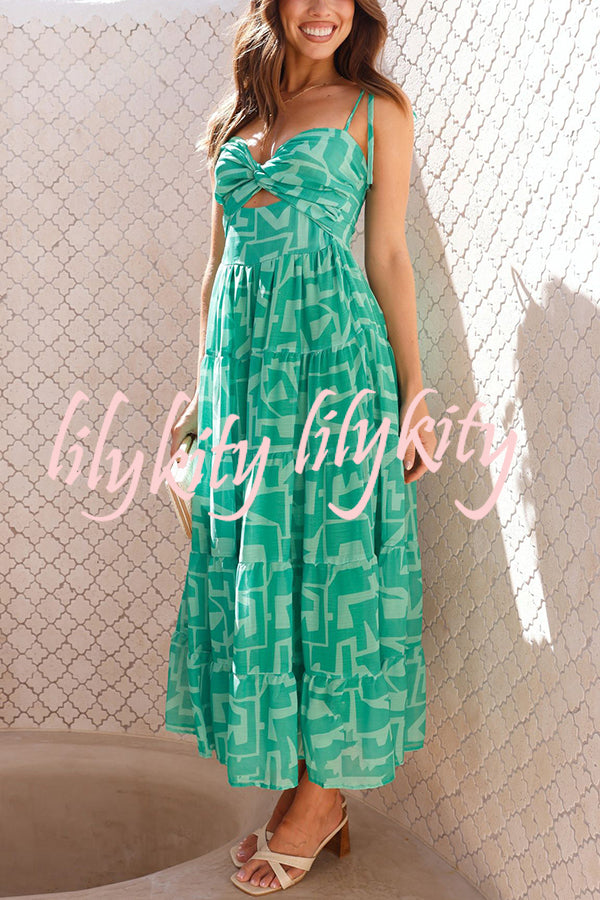 Unique Printed Suspender Tie Back Pleated Midi Dress