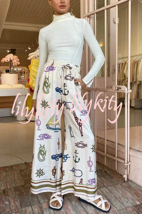 Sail Away Satin Unique Nautical Motifs Print Elastic Waist Pocketed Wide Leg Pants