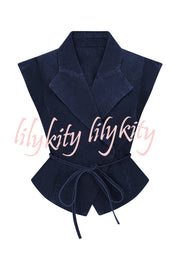 Charley Denim Button Up Cap Short Sleeve Structured Tie-up Lapel Top