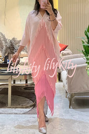 Fashionable Color-blocked Multi-layered Tassel Loose Midi Dress