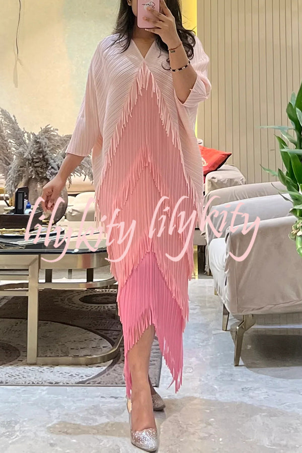 Fashionable Color-blocked Multi-layered Tassel Loose Midi Dress