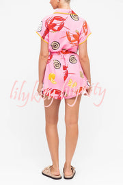 Unique Printed Lapel Short-sleeved Waist Tie Pocket Rompers