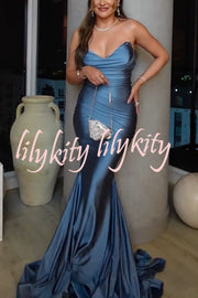 Jessica Satin Off Shoulder V-neck Ruched Detail Fishtail Maxi Dress