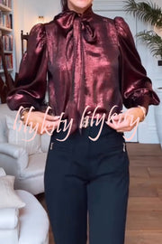 Ariella Metallic Satin Fabric Tie-up Bow Neck Long Sleeve Blouse