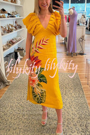 Plant Print V-neck Open Back Holiday Style Slit Midi Dress
