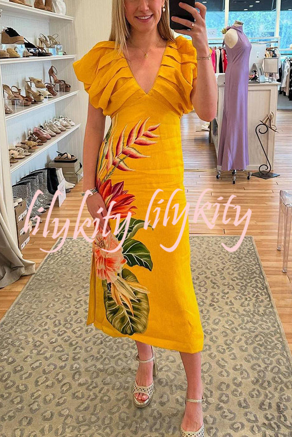 Plant Print V-neck Open Back Holiday Style Slit Midi Dress