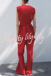 Keep It Classic V-neck Belted Vest and Mid Rise Pocket Wide Leg Pants Set