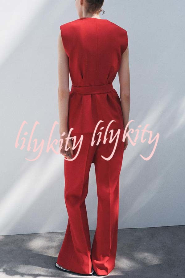 Keep It Classic V-neck Belted Vest and Mid Rise Pocket Wide Leg Pants Set