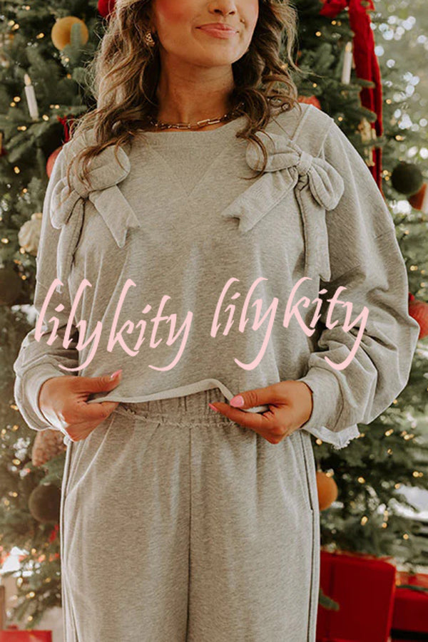 Dear Daydream Loose Bow Tie Long-Sleeved Sweatshirt and Elastic Waist Pocket Pants Set