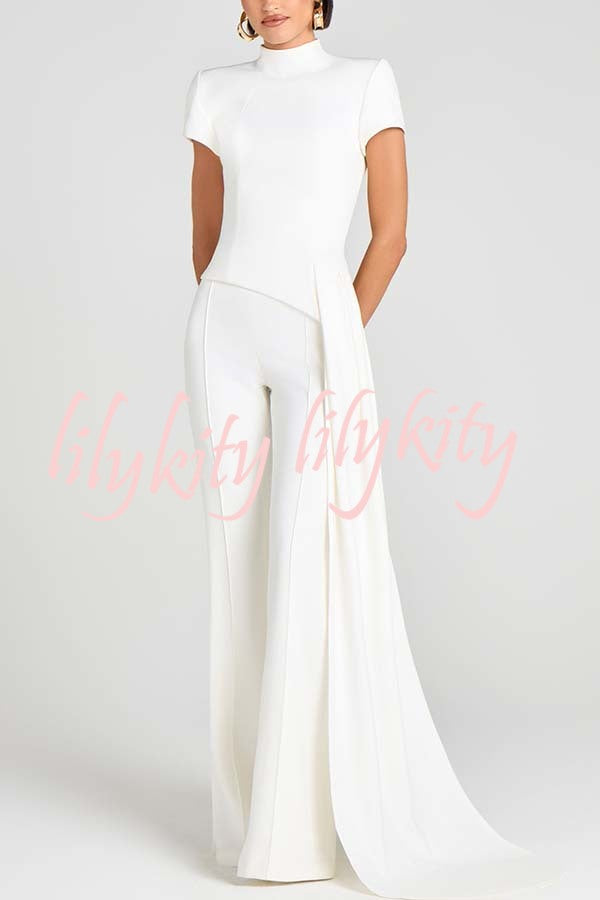 Pippa High Neck Short Sleeve Irregular Drape Hem Top and Elastic Waist Flare Pants Set