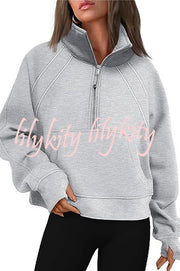 Stylish Patchwork Stand Collar Zippered Loose Pocket Sweatshirt