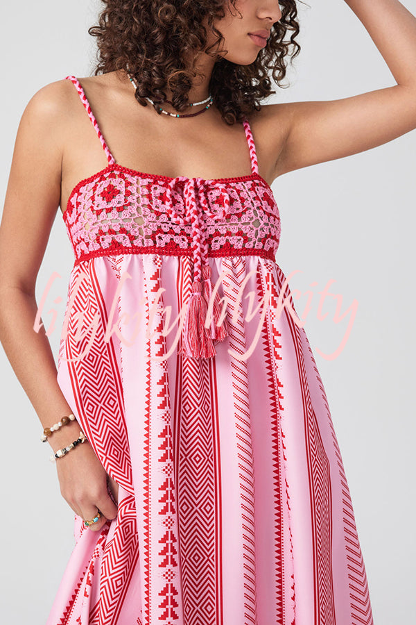 Unique Printed Patchwork Fringed Lace-up Maxi Dress