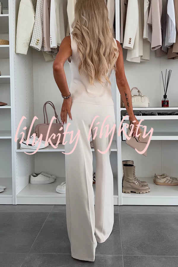 Workplace Chic Sleeveless Button Vest and Relaxed Pocket Wide Leg Pants Set