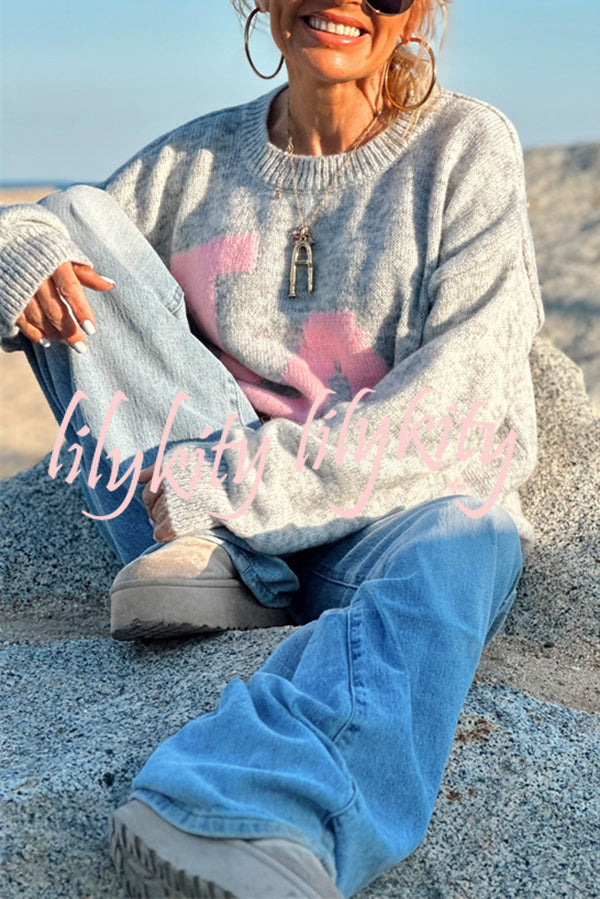 Letter Pattern Crew Neck Long Sleeve Loose Knit Sweater