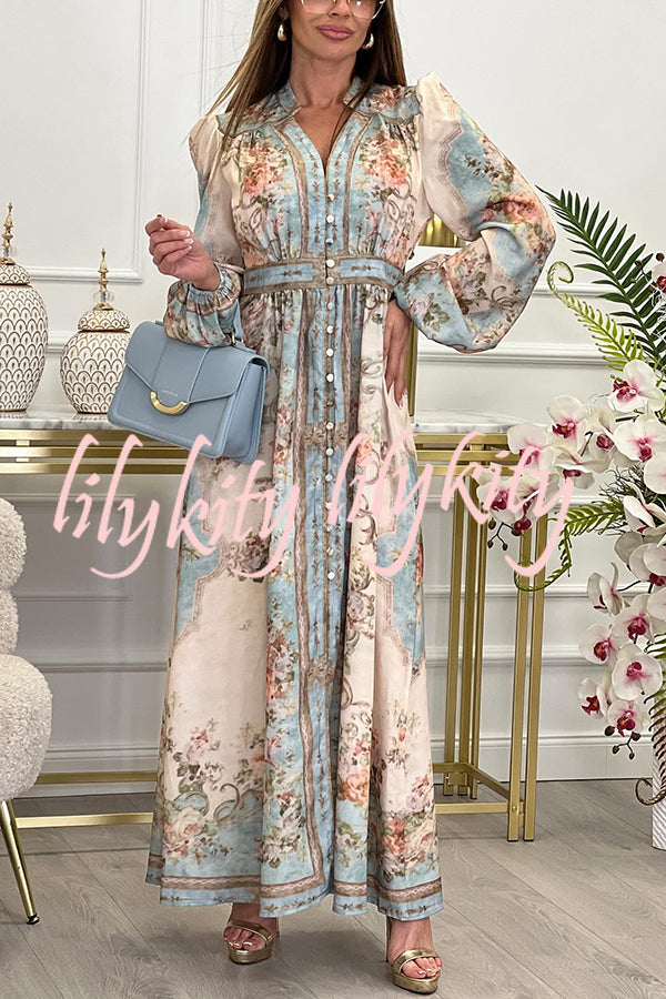 Fresh Pickings Floral Bohemian Print Balloon Sleeve Button Up Maxi Dress