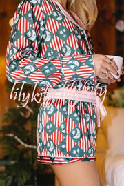 Satin Unique Print Casual Long Sleeve Shirt and Elastic Waist Loose Shorts Set