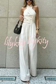 Solid Color Halterneck Sleeveless Waisted Casual Pocket Straight Jumpsuit