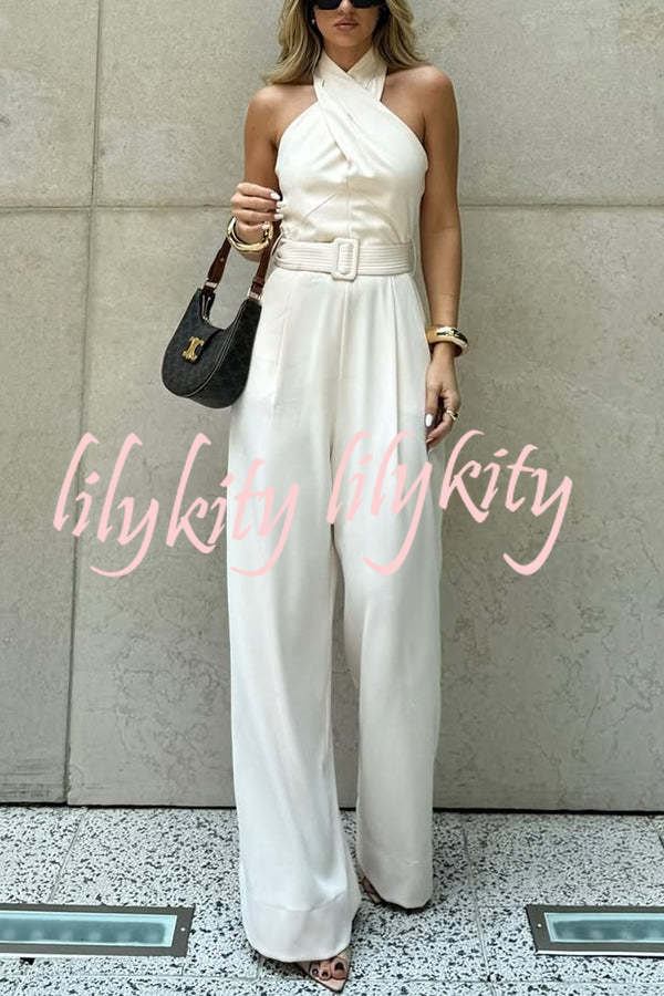 Solid Color Halterneck Sleeveless Waisted Casual Pocket Straight Jumpsuit
