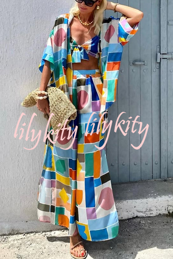 Summer Colors Printed Kimono + Knotted Tank + Elastic Waist Pocket Three-pieces Pants Set