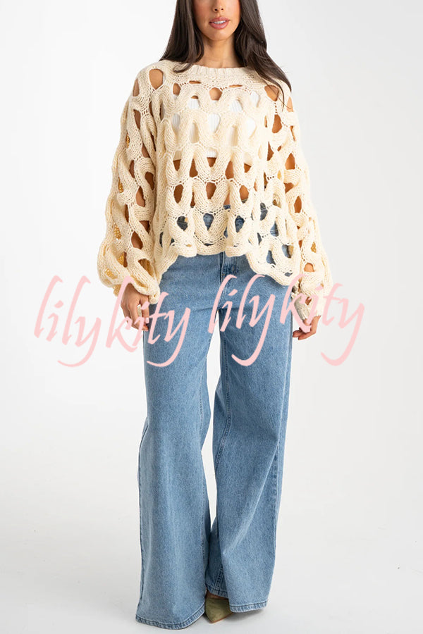 Solid Color Casual Hollow Long-sleeved Holiday Knitted Sweater