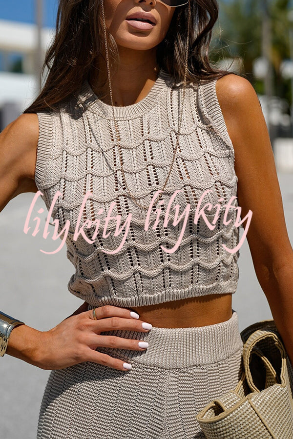 Solid Color Hollow Sleeveless Round Neck Knitted Vest and Stretch Casual Straight Pants Set