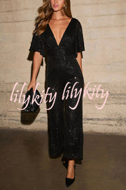 Trophy Wife Sequin Bell Sleeve Flare Stretch Jumpsuit