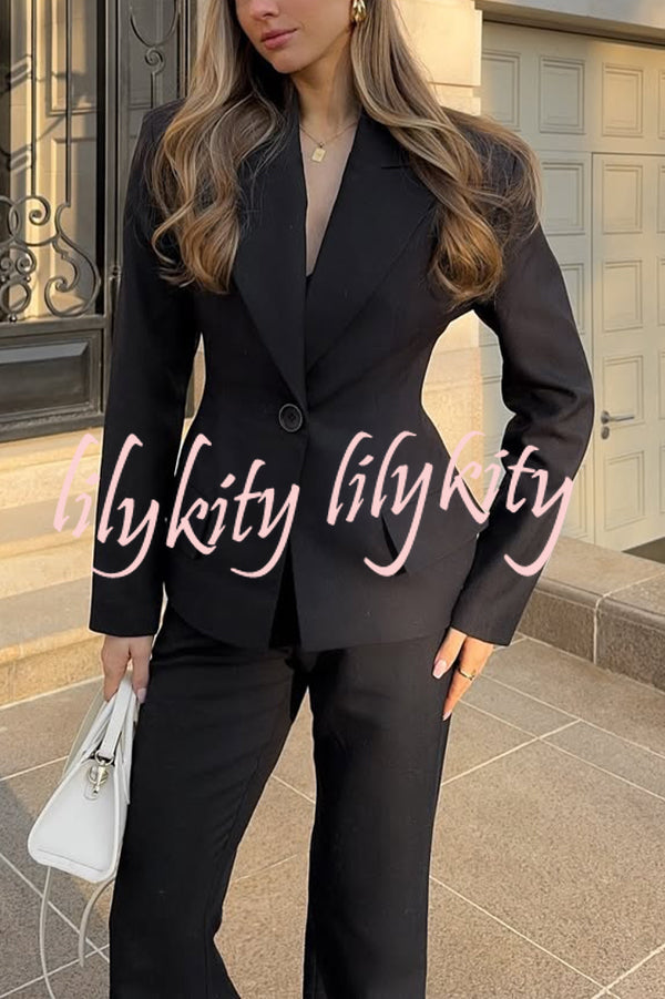 Solid Color Long-sleeved Single-button Blazer and Pocket Casual Flared Pants Set