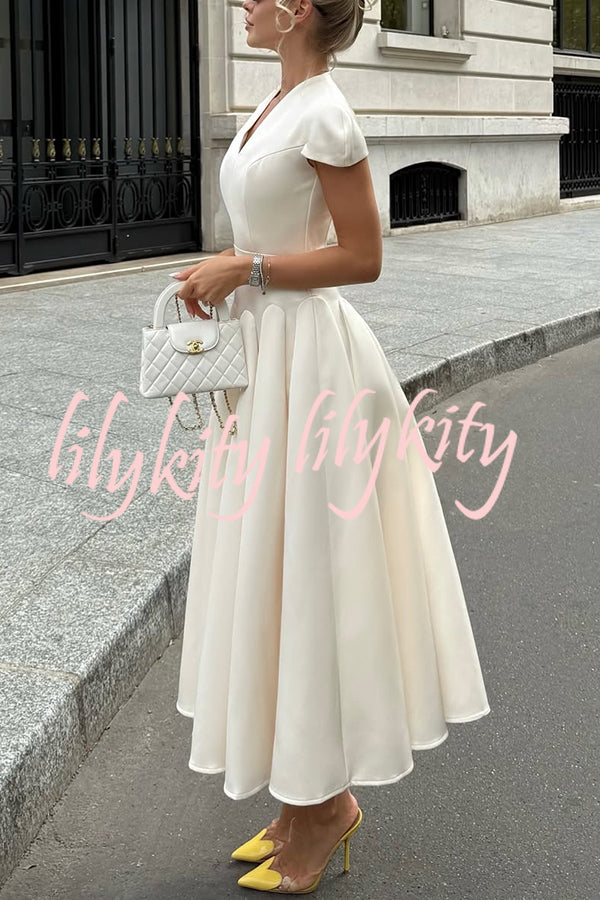 Solid Color V-neck Waist Elegant Full Hem Maxi Dress